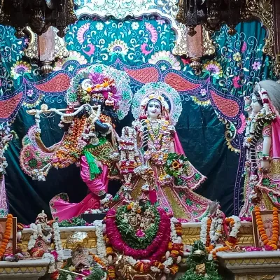 ISKCON Vrindavan: A beautiful modern temple complex surrounded by peaceful gardens.